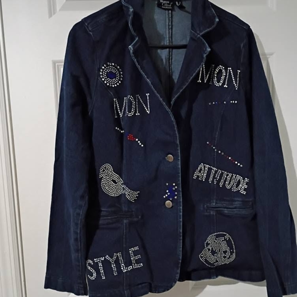 Women with Control Dark Blue Embellished Jean Jacket